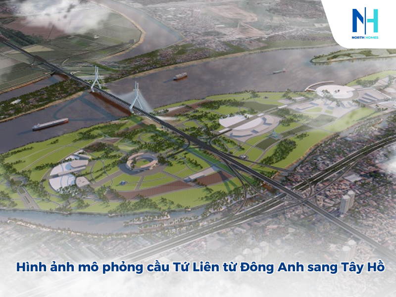 Hình ảnh mô phỏng cầu Tứ Liên bắc từ Đông Anh sang Tây Hồ